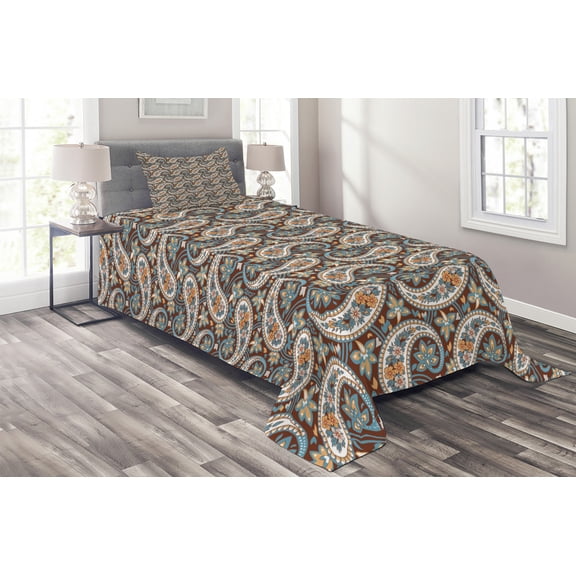 Ambesonne Paisley Quilted Coverlet 2 Pcs, Vintage Oriental Ethnic, Twin Size, Redwood and Blue Grey