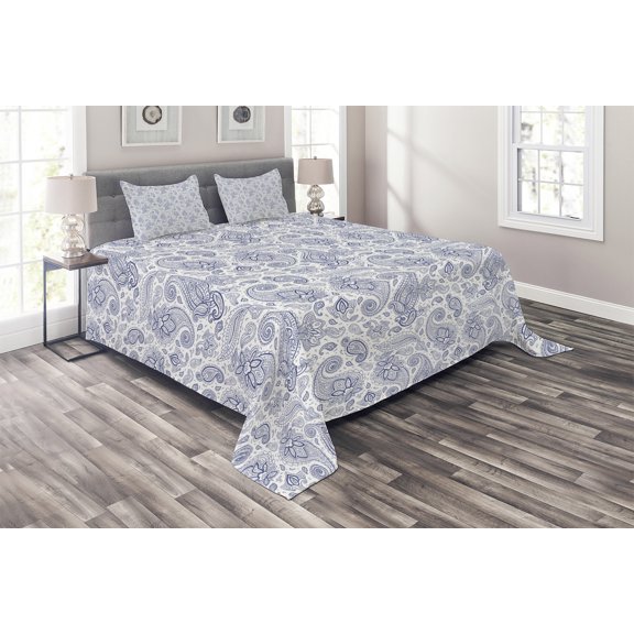 Ambesonne Paisley Quilted Coverlet 3 Pcs, Abstract Buds and Dots, Queen Size, Black and White