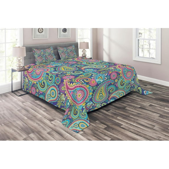 Ambesonne Paisley Quilted Coverlet 3 Pcs, Bohem Colorful, Queen Size, Multicolor