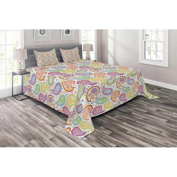 Ambesonne Paisley Quilted Coverlet 3 Pcs, Colored Pattern Flower, Queen Size, Multicolor
