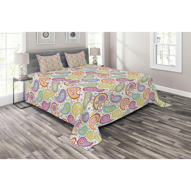 Ambesonne Paisley Quilted Coverlet 3 Pcs, Colored Pattern Flower, Queen Size, Multicolor