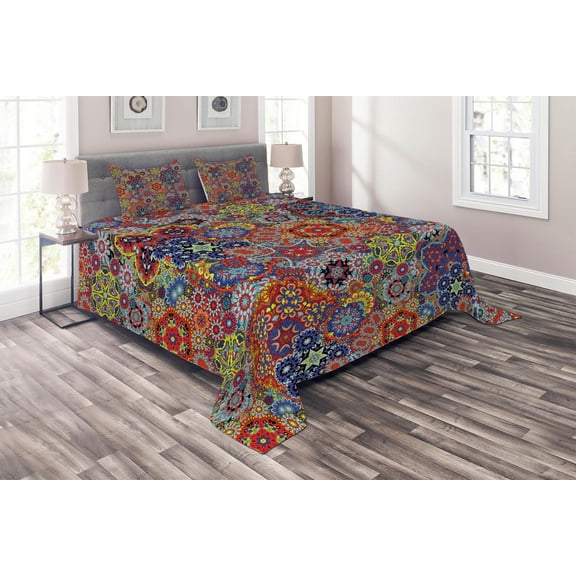 Ambesonne Paisley Quilted Coverlet 3 Pcs, Combined Nested Paisley, King Size, Multicolor