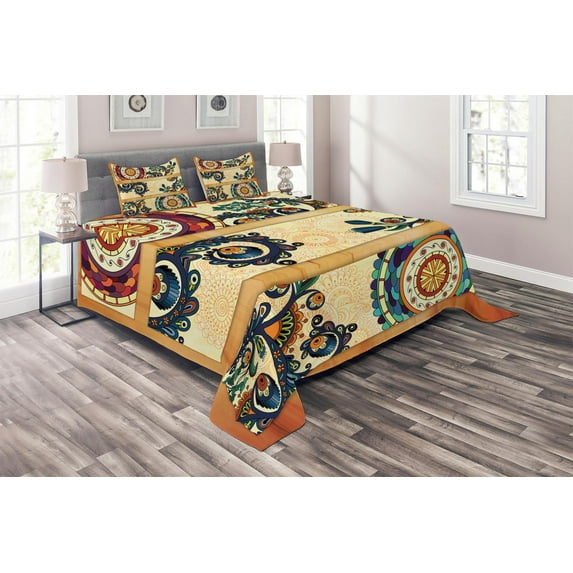 Ambesonne Paisley Quilted Coverlet 3 Pcs, Eastern Batik Style, Queen Size, Multicolor