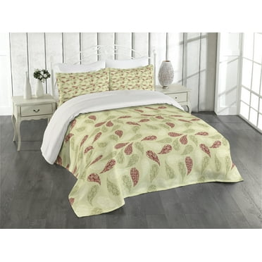 Ambesonne Paisley Quilted Coverlet 3 Pcs, Floral Leaf Pattern, King Size, Red and Pale Green