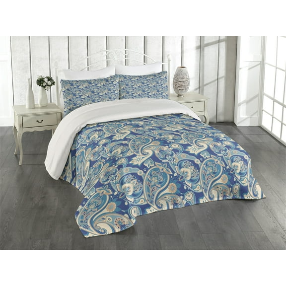 Ambesonne Paisley Quilted Coverlet 3 Pcs, Inspired Persian, King Size, Teal Navy and Tan