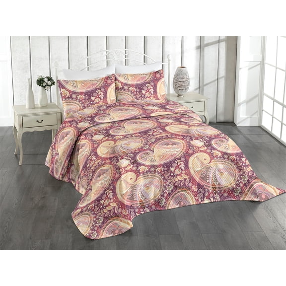 Ambesonne Paisley Quilted Coverlet 3 Pcs, Modern Leafy Floral Motif, Queen Size, Raspberry Cream Pale Pink