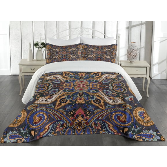 Ambesonne Paisley Quilted Coverlet 3 Pcs, Moroccan Floret Antique, Queen Size, Royal Blue Sand Brown
