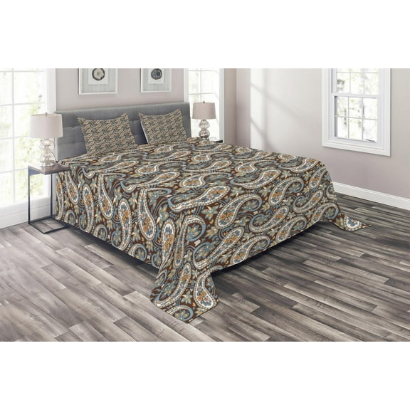 Ambesonne Paisley Quilted Coverlet 3 Pcs, Vintage Oriental Ethnic, King Size, Redwood and Blue Grey