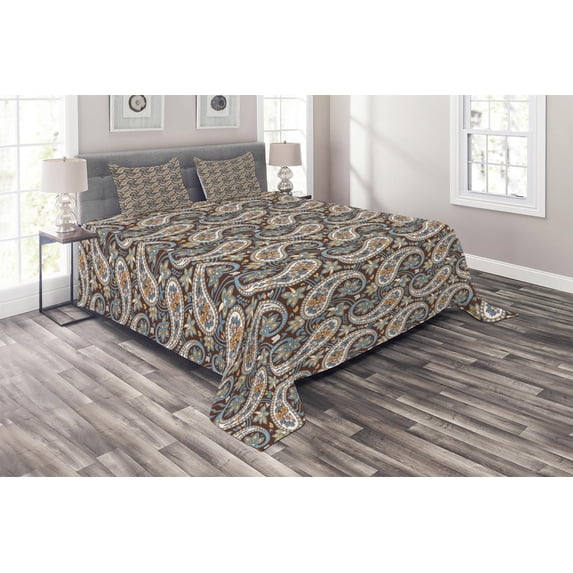 Ambesonne Paisley Quilted Coverlet 3 Pcs, Vintage Oriental Ethnic, Queen Size, Redwood and Blue Grey