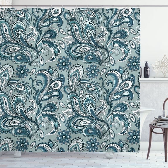 Ambesonne Paisley Shower Curtain, Ethnic Boho Flowers Leaves, 69"Wx70"L, Cadet Blue and Laurel Green