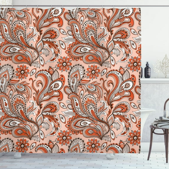 Ambesonne Paisley Shower Curtain, Ethnic Boho Flowers Leaves, 69"Wx84"L, Orange Peach Brown