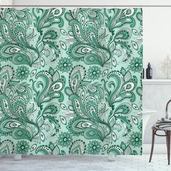 Ambesonne Paisley Shower Curtain, Ethnic Boho Flowers Leaves, 69"Wx84"L, Teal Sea Green