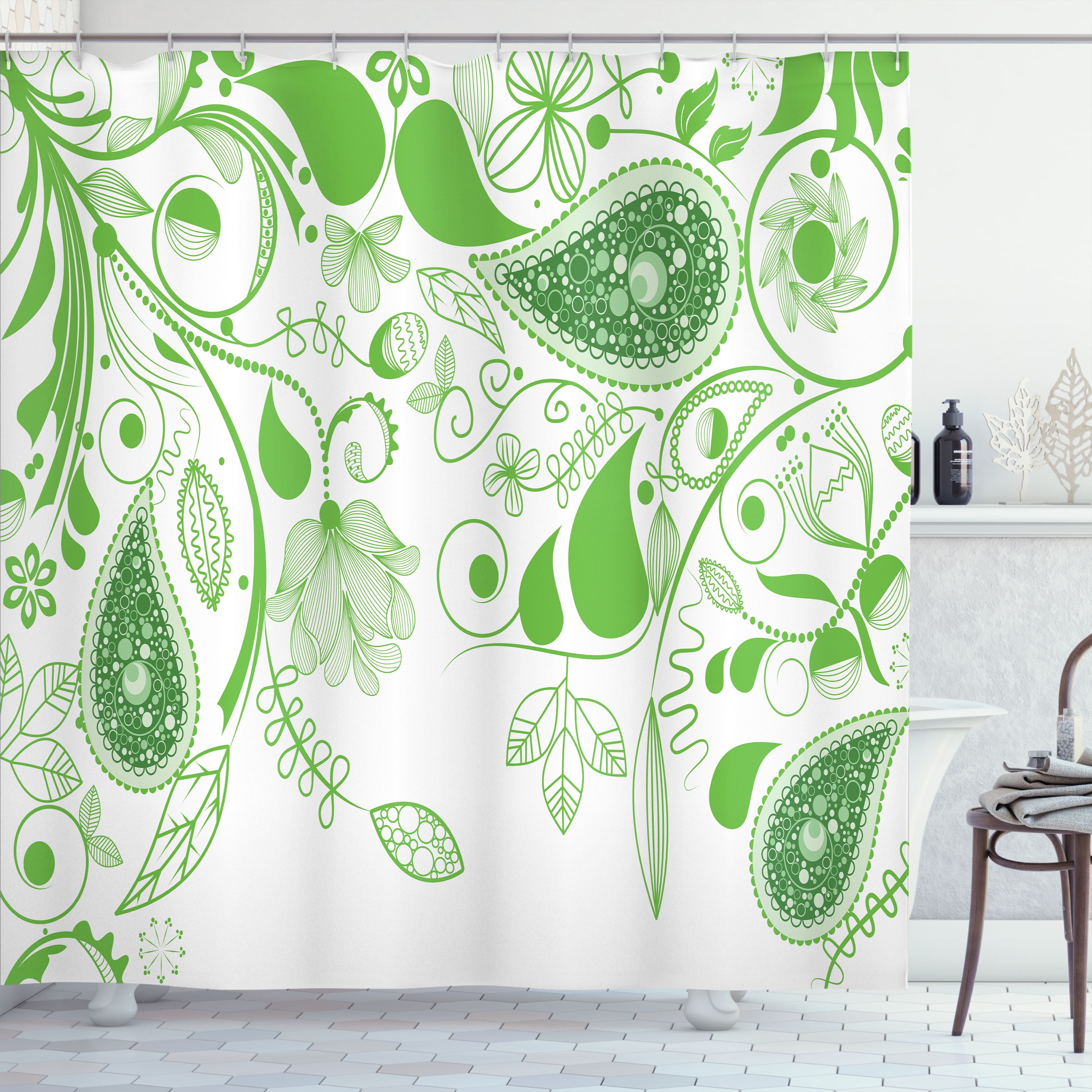 Olive Green Paisley Floral Fabric Shower Curtain