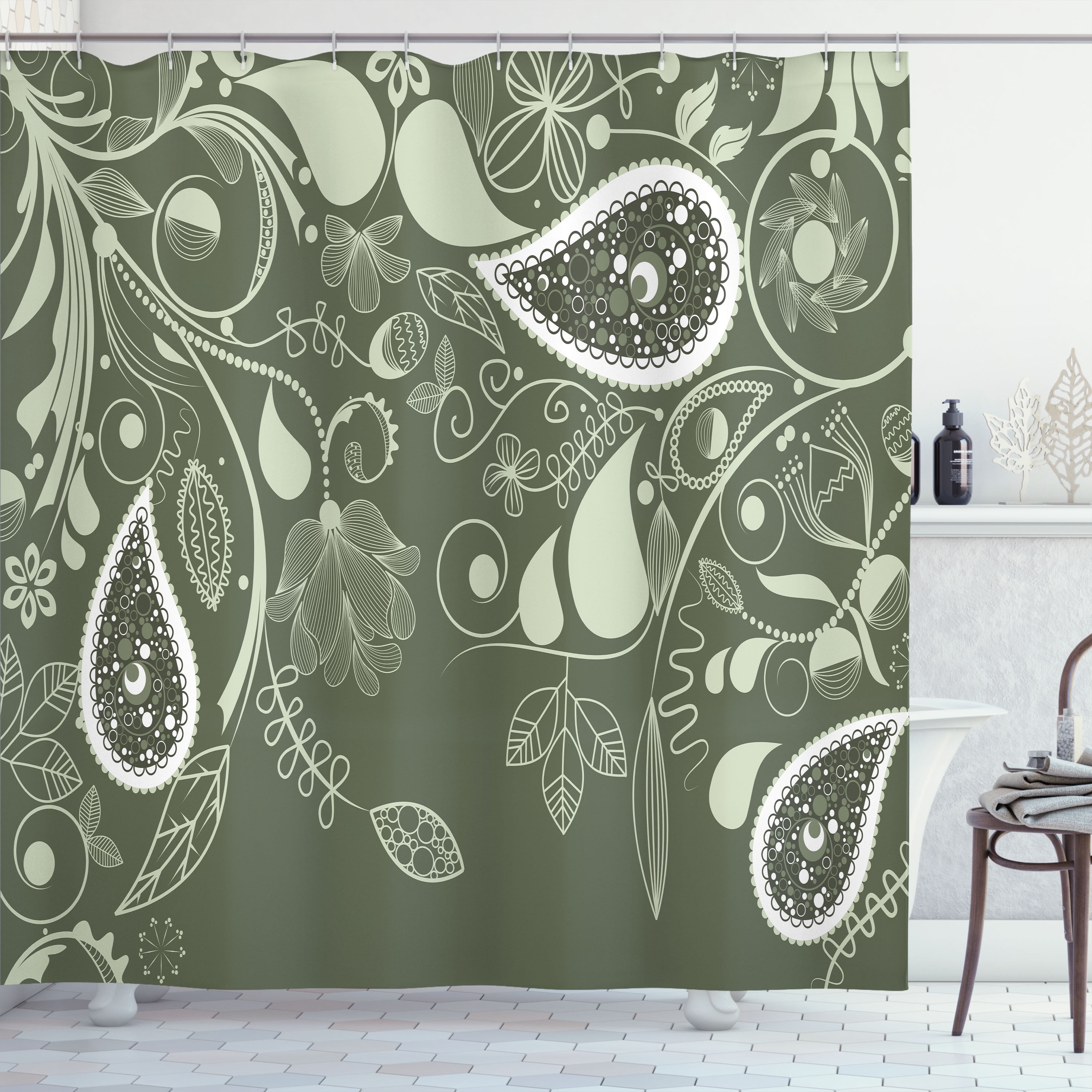 Olive Green Paisley Floral Fabric Shower Curtain