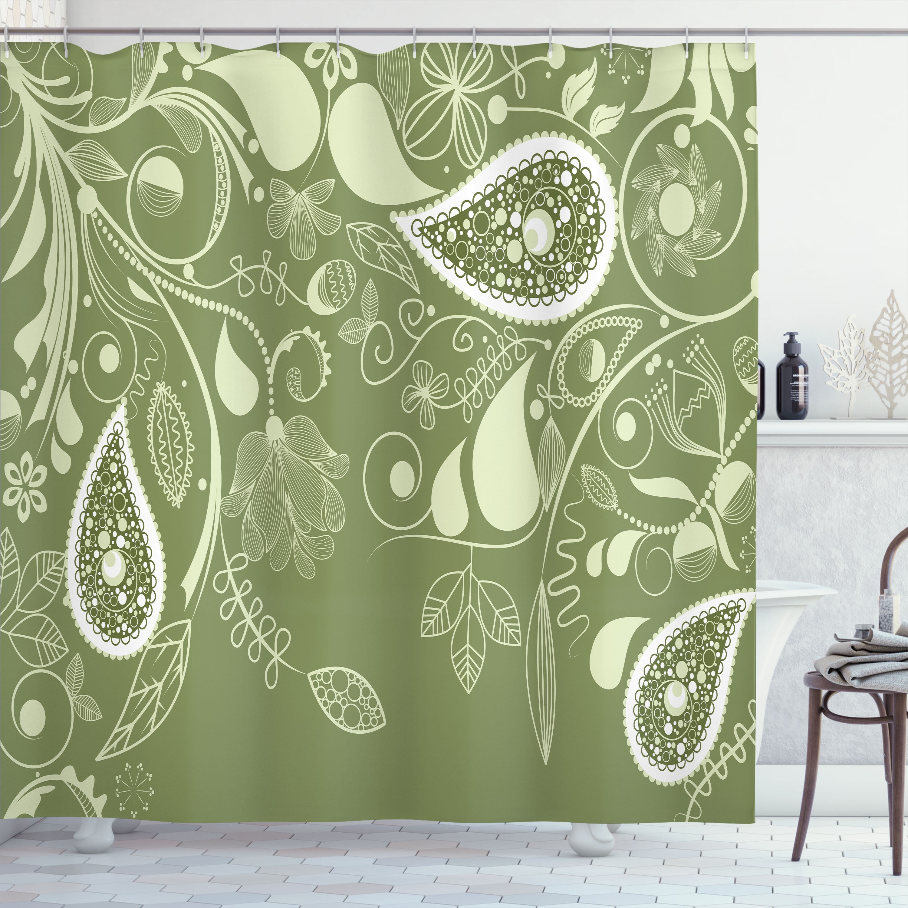 Olive Green Paisley Floral Fabric Shower Curtain