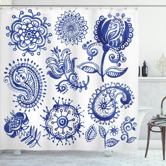 Ambesonne Paisley Shower Curtain, Watercolor Mandala, 69"Wx75"L, Navy Blue White