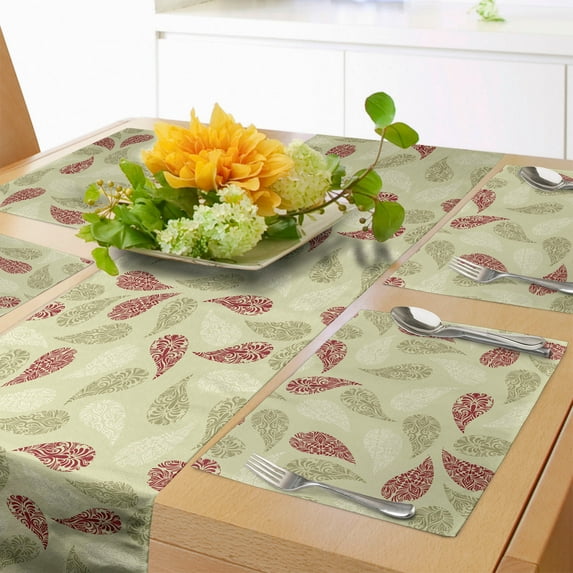 Ambesonne Paisley Table Runner & Placemats, Floral Leaf Pattern, Placemat 4 pcs + Runner 14"x72", Red and Pale Green