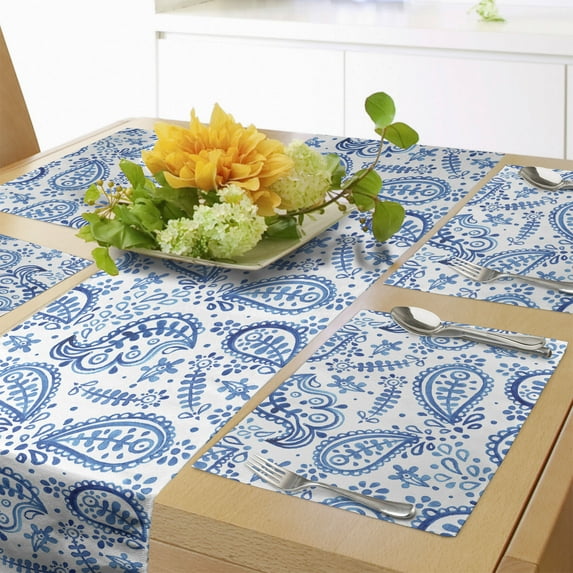 Ambesonne Paisley Table Runner & Placemats, Sketch Flower and Flake, Placemat 4 pcs + Runner 12"x90", White and Blue