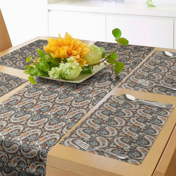 Ambesonne Paisley Table Runner & Placemats, Vintage Oriental Ethnic, Placemat 4 pcs + Runner 16"x72", Redwood and Blue Grey