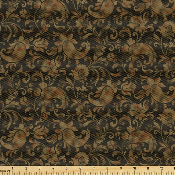 Ambesonne Paisley Themed Fabric by the Yard Upholstery, Boho Damask Grunge, 1 Yard, Charcoal Grey and Dark Khaki