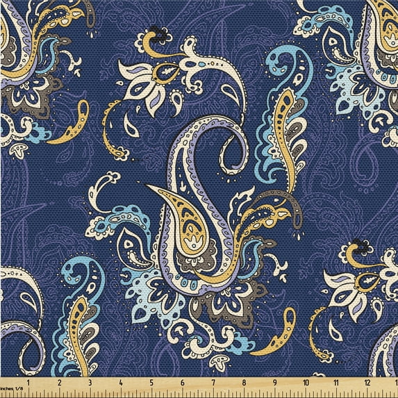 Ambesonne Paisley Themed Fabric by the Yard Upholstery, Eastern Floral Boho, 3 Yards, Dark Indigo Mustard Cream