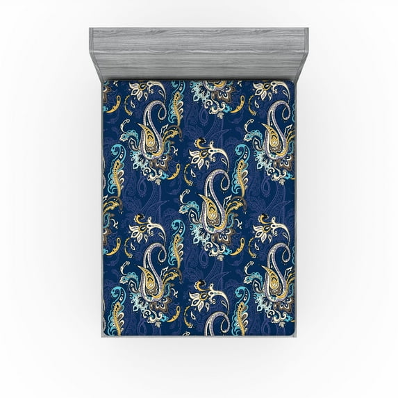 Ambesonne Paisley Themed Fitted Sheet, Eastern Floral Boho, King Size, Dark Indigo Mustard Cream
