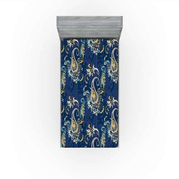 Ambesonne Paisley Themed Fitted Sheet, Eastern Floral Boho, Twin Size, Dark Indigo Mustard Cream