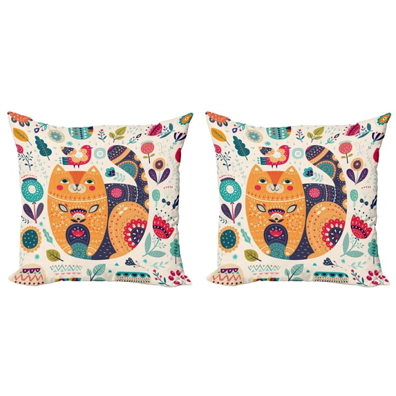 Ambesonne Paisley Throw Pillow Cover 2 Pack, Cat and Flower Leaf, 20", Multicolor
