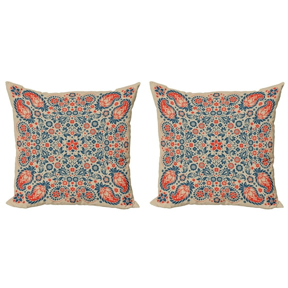 Ambesonne Paisley Throw Pillow Cover 2 Pack, Cultural Folk Persian, 24", Night Blue Orange Tan