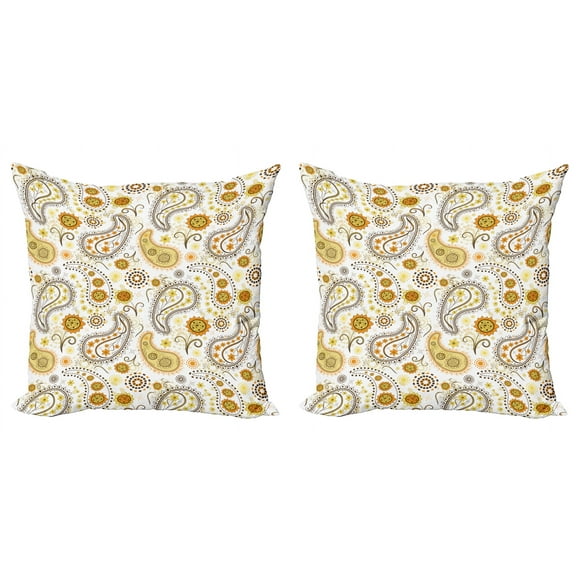Ambesonne Paisley Throw Pillow Cover 2 Pack, Folkloric Floral Drop Forms, 20", Orange Yellow White