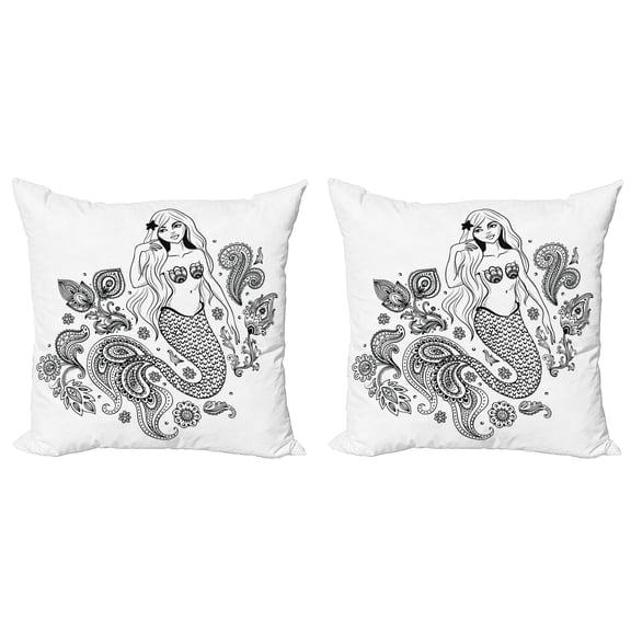 Ambesonne Paisley Throw Pillow Cover 2 Pack, Mermaid in Ocean, 20", Black Grey