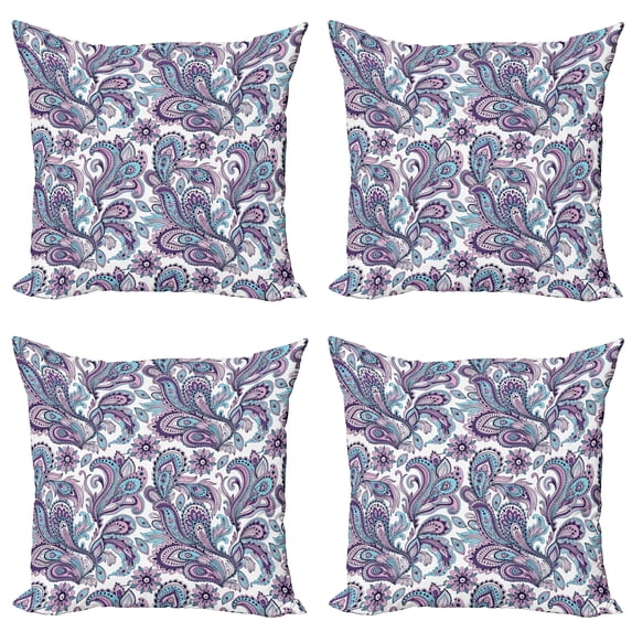 Ambesonne Paisley Throw Pillow Cover 4 Pack, Bohemic Floral Country, 16", Purple White Blue