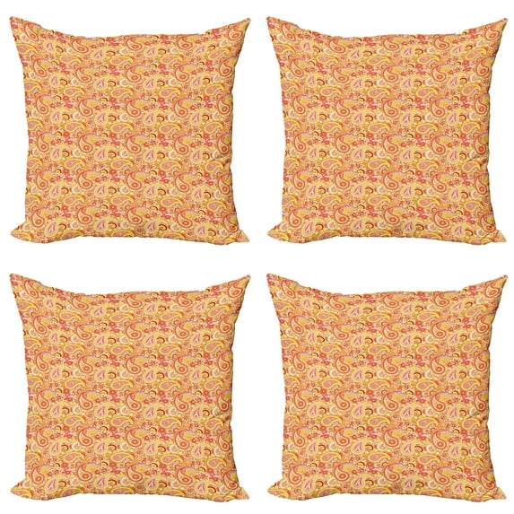 Ambesonne Paisley Throw Pillow Cover 4 Pack, Buta Folk Motifs Floral, 18", Peach Burnt Sienna