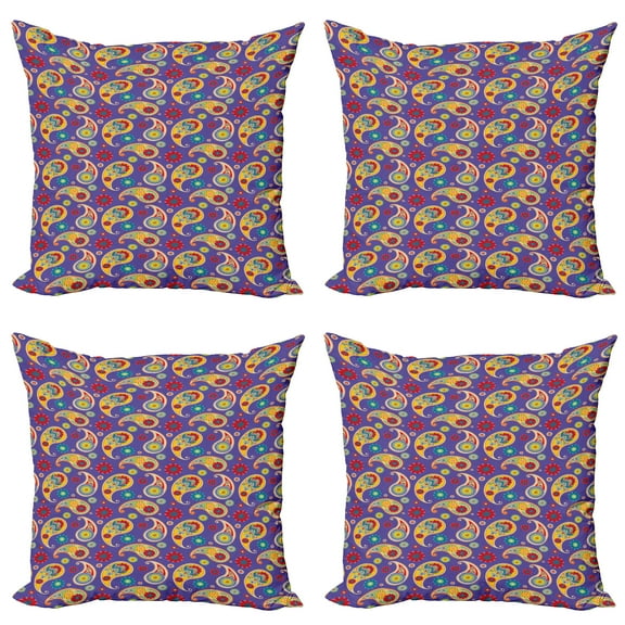 Ambesonne Paisley Throw Pillow Cover 4 Pack, Floral Buta Eastern Motif, 20", Blue Violet Multicolor