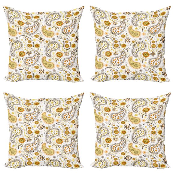 Ambesonne Paisley Throw Pillow Cover 4 Pack, Folkloric Floral Drop Forms, 24", Orange Yellow White
