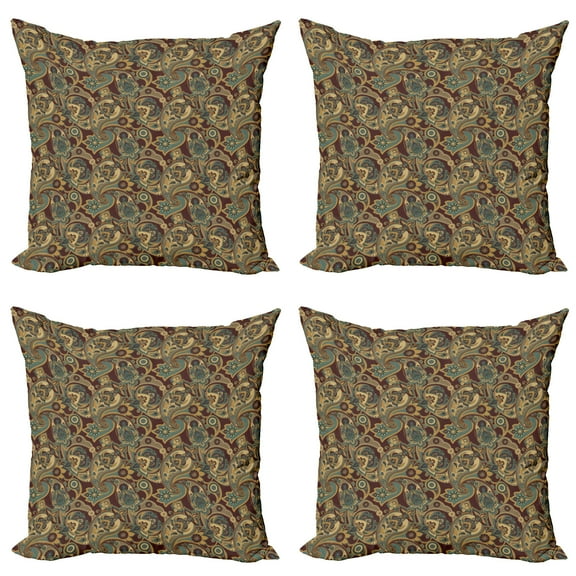 Ambesonne Paisley Throw Pillow Cover 4 Pack, Persian Hippie Florets, 16", Sand Brown Chocolate