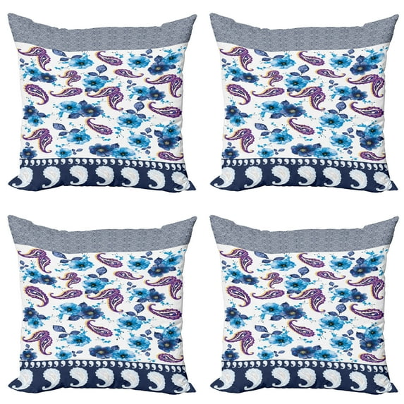 Ambesonne Paisley Throw Pillow Cover 4 Pack, Watercolor Vintage Flora, 24", Azure Blue Multicolor