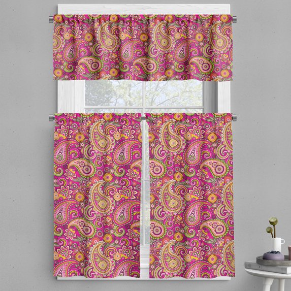 Ambesonne Paisley Valance & Curtain, Vivid Flowers and Dots, 55"x36", Multicolor