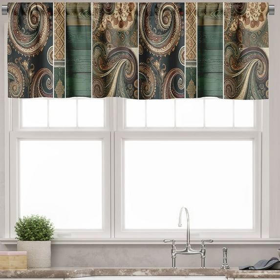 Ambesonne Paisley Window Valance, Oriental Curlicue Floral, 42" X 18", Teal Army Green Camel