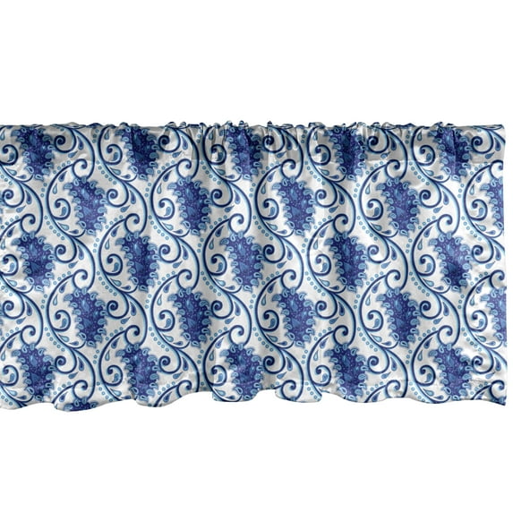 Ambesonne Paisley Window Valance, Vintage Eastren Inspired Design with Flowers Ivy Leaves and Dots Nature Artwork, Curtain Valance for Kitchen Bedroom Decor with Rod Pocket, 54" X 18", Blue and White