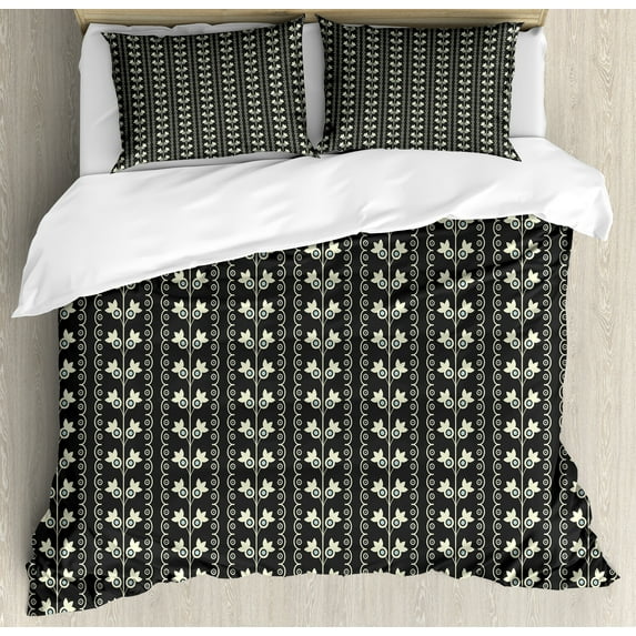 Ambesonne Pale Blue Duvet Cover Sets, Spring Flowers Leaf, 2-King, Black Pale Blue Cream