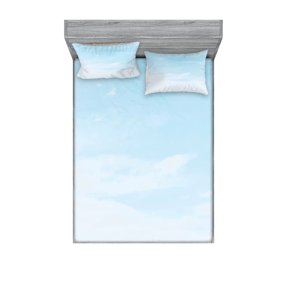 Ambesonne Pale Blue Fitted Sheet & Pillow Sham Set, Soft Pastel Sky Clouds, Queen, Pale Blue