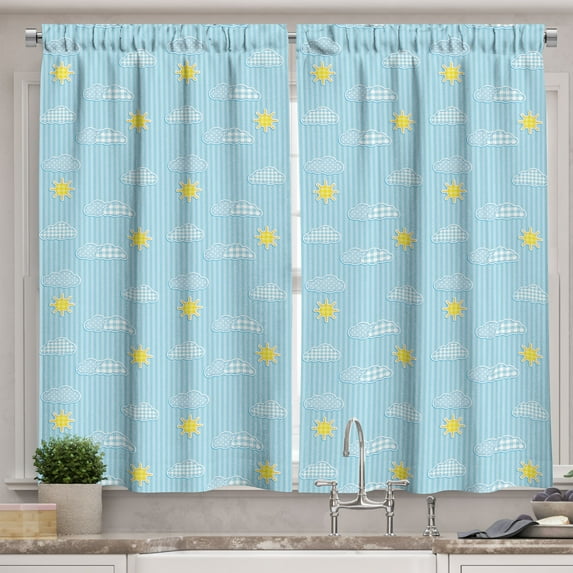 Ambesonne Pale Blue Kitchen Curtains, Clouds and Sun, 55"x45", Pale Blue Yellow