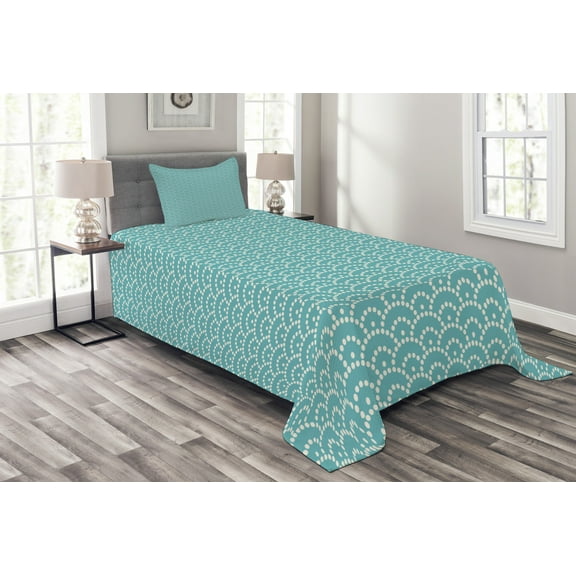Ambesonne Pale Blue Quilted Bedspread Set 2 Pcs, Bubbles Japanese, Twin Size, Turquoise White