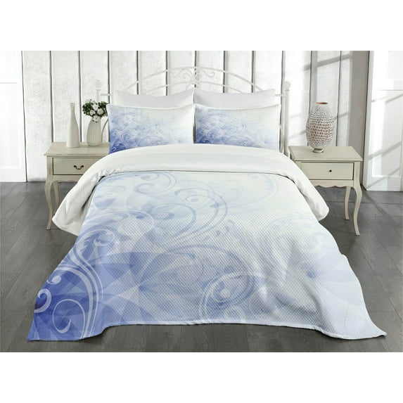 Ambesonne Pale Blue Quilted Bedspread Set 3 Pcs, Abstract Floral Curl, Queen Size, Violet Blue Pale Blue