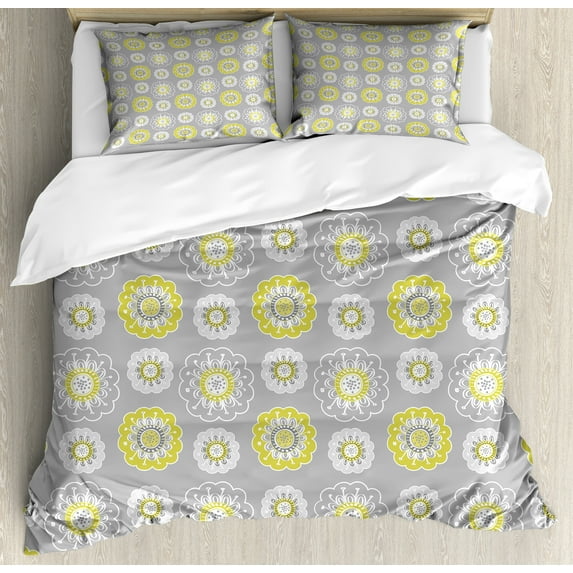 Ambesonne Pale Grey Duvet Cover Sets, Flowers Swirls, 2-Queen, Mustard Yellow and White