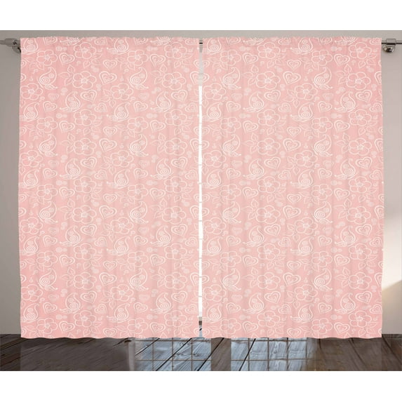 Ambesonne Pale Pink Curtains 2 Panel Set, Flowers Spiral, 108" x 84", Coral White