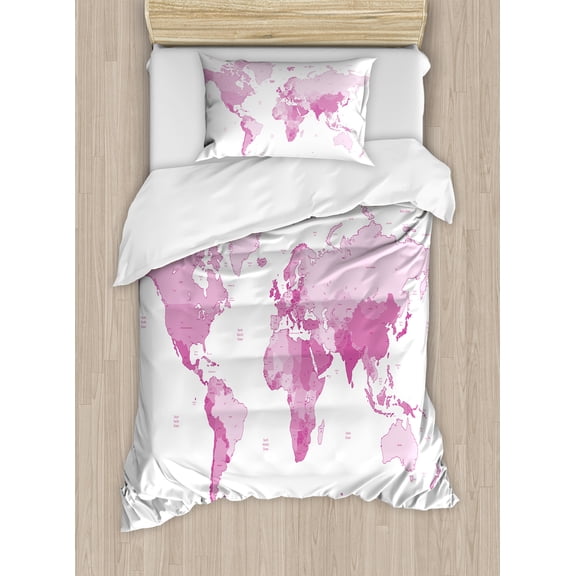 Ambesonne Pale Pink Duvet Cover Sets, World Map Continents, 2-Twin, White Pale Pink
