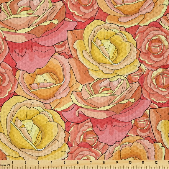 Ambesonne Pale Pink Fabric by the Yard Microfiber, Romantic Roses Garden, 1 Yard, Yellow Coral Pink