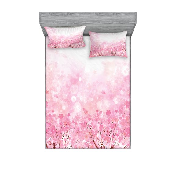 Ambesonne Pale Pink Fitted Sheet & Pillow Sham Set, Romatic Sakura Tree, Calking, Pale Pink